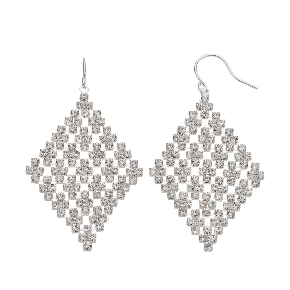 ✨ Silver Rhinestone Dangle Earrings 2” Diamond Shape Statement NWT